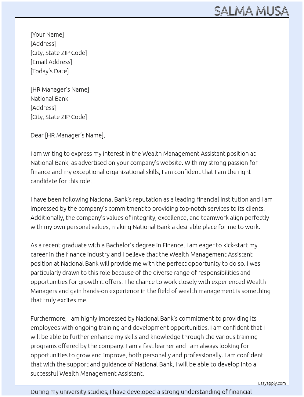 Wealth Management Assistant At National Bank Cover Letter