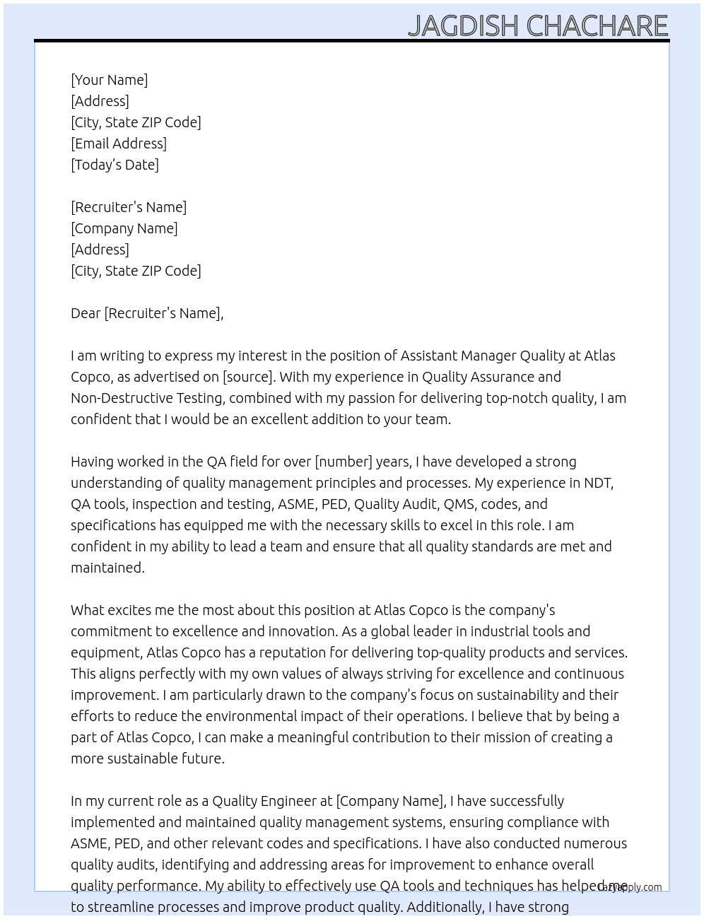 Assistant Manager Quality At Atlas copco  Cover Letter