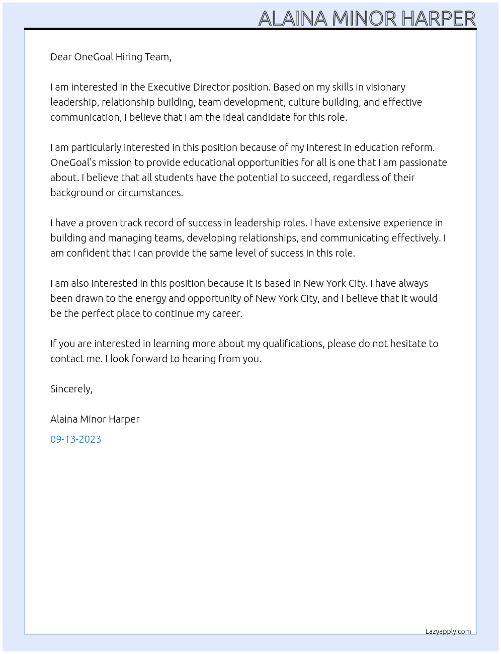 Executive Director At OneGoal Cover Letter