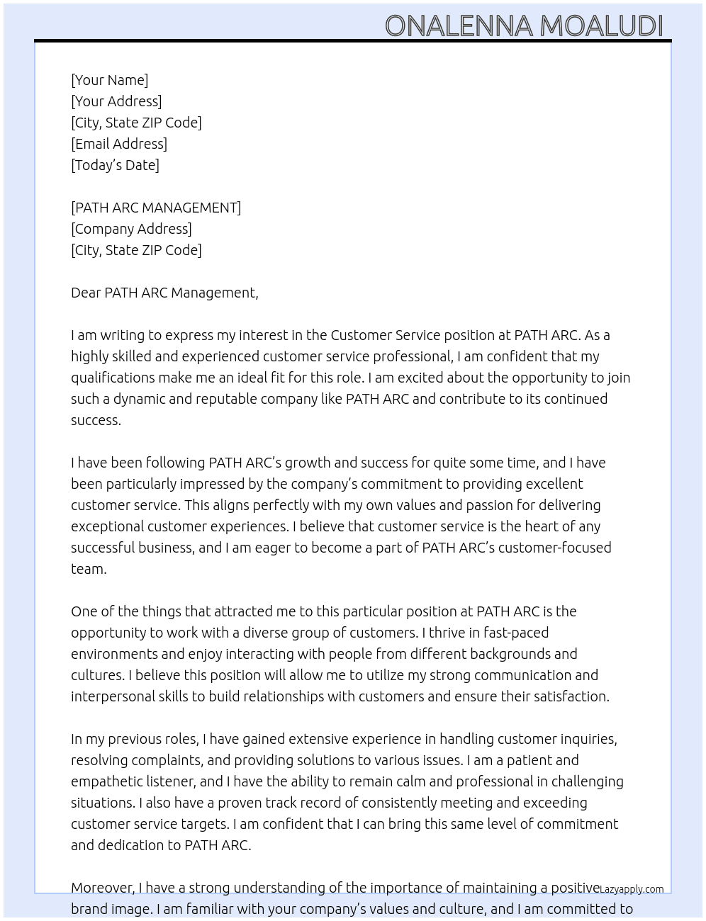 customer service  At PATH ARC Cover Letter