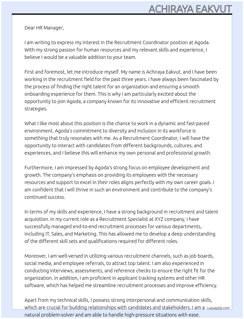 Recruitment coordinator  At Agoda Cover Letter