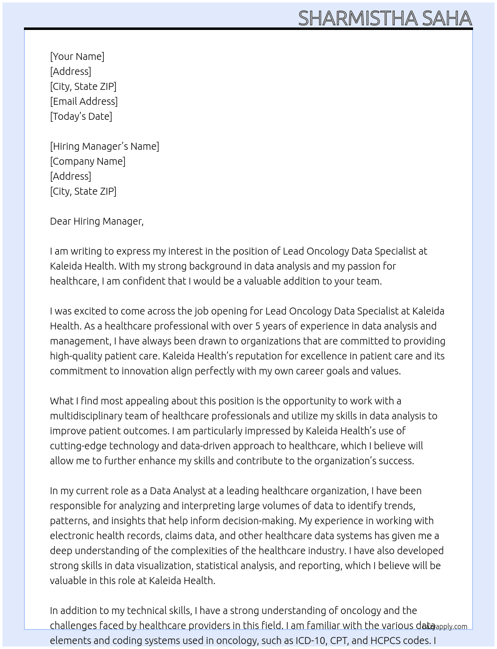 Lead Oncology Data Specialist At Kaleida Health  Cover Letter