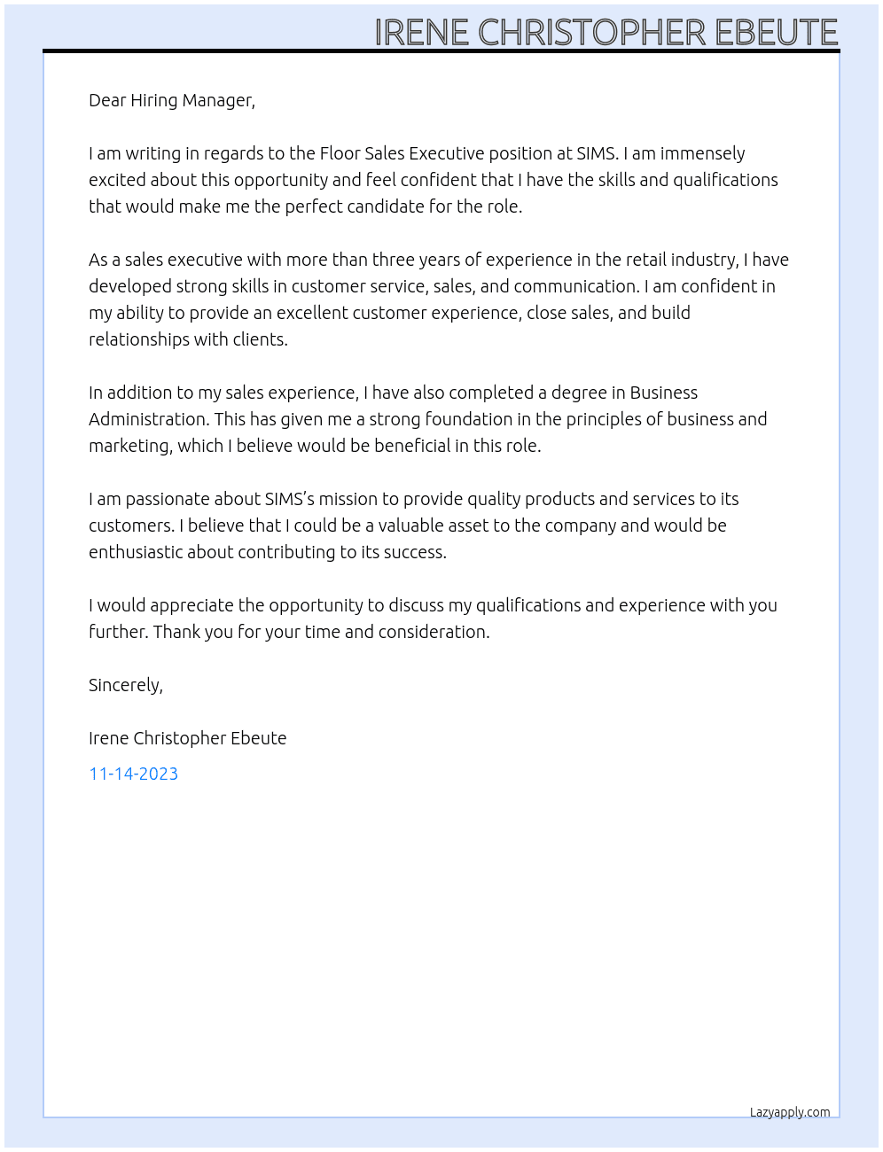 Floor sales executive  At SIMS Cover Letter