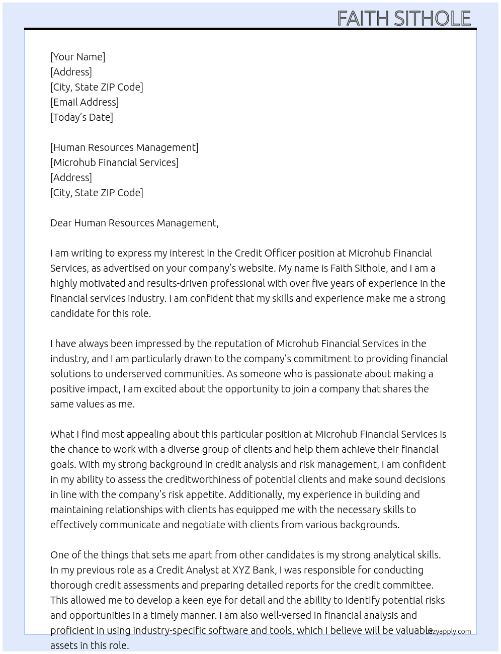 Credit officer  At Microhub financial services  Cover Letter