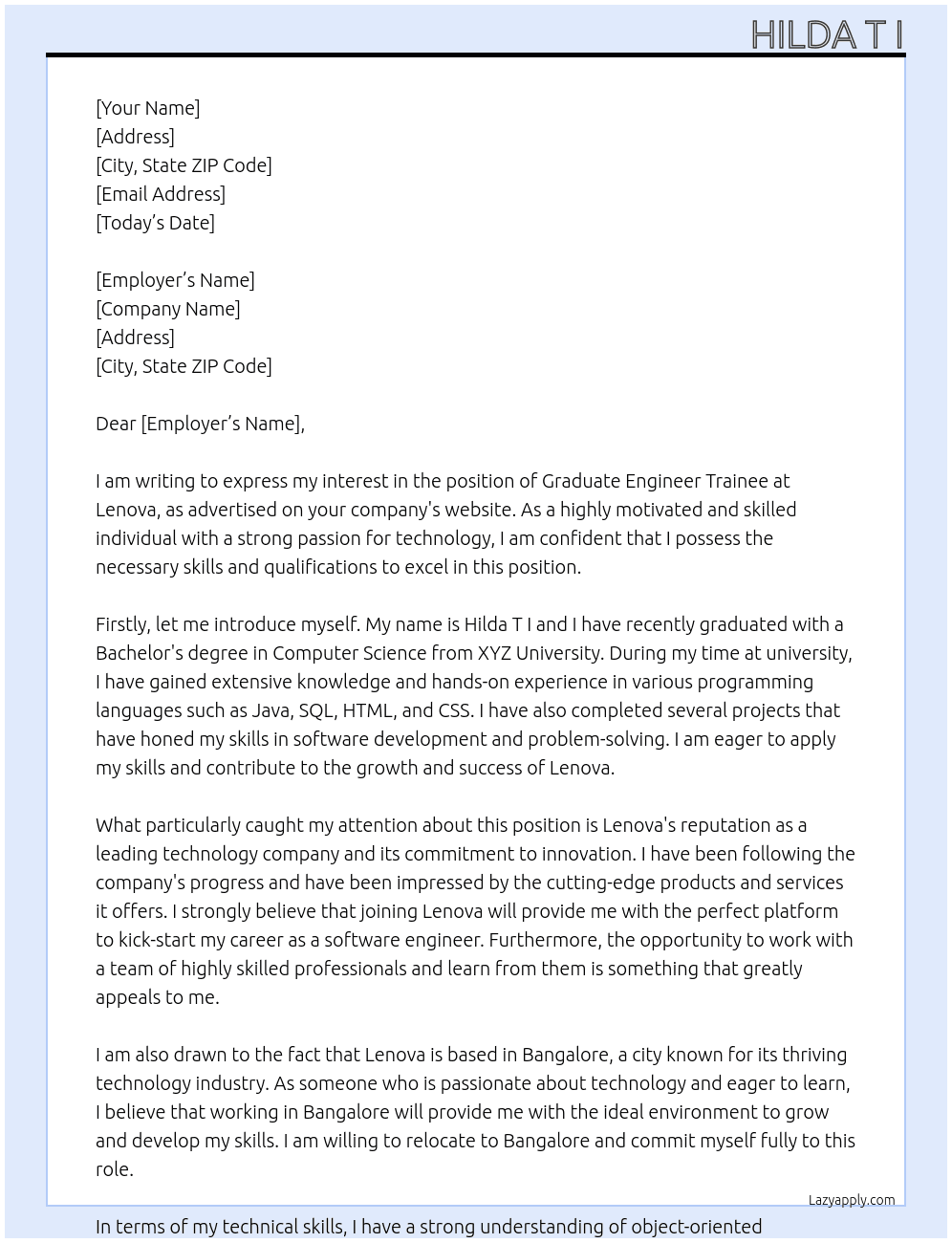 Graduate Engineer Trainee At Lenova Cover Letter