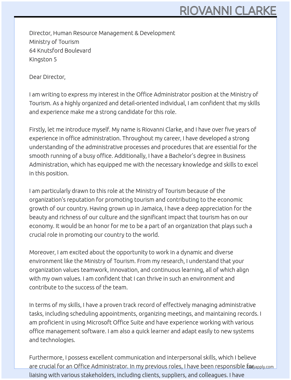 Office Administrator At Ministry of Tourism Cover Letter