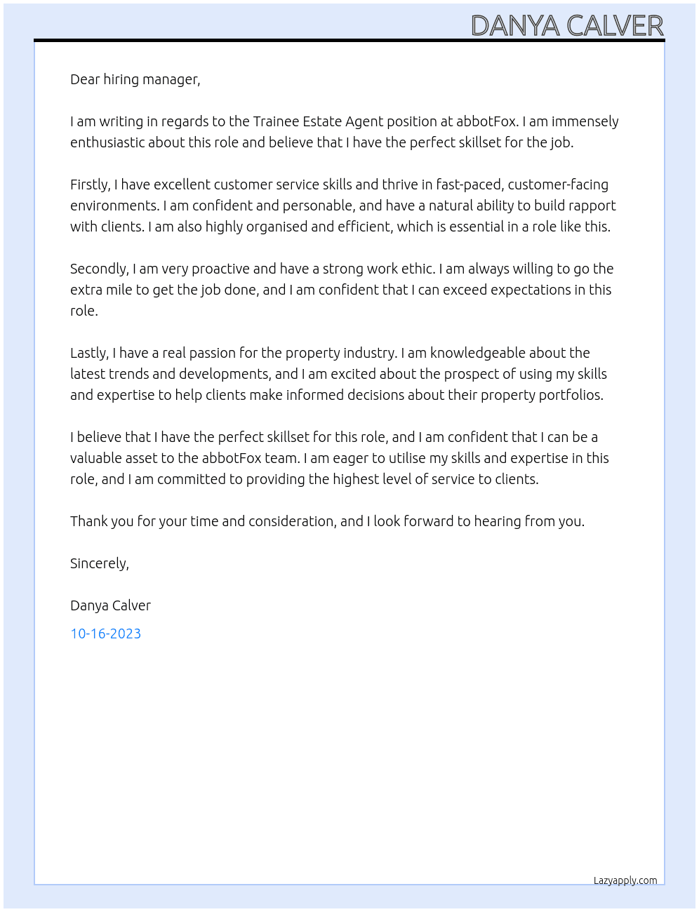 Trainee Estate Agent At abbotFox Cover Letter