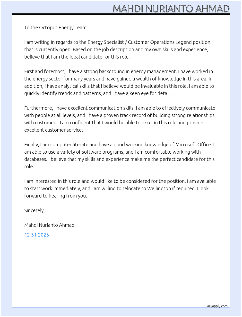Energy Specialist / Customer Operations Legend At Octopus Energy New Zealand Cover Letter