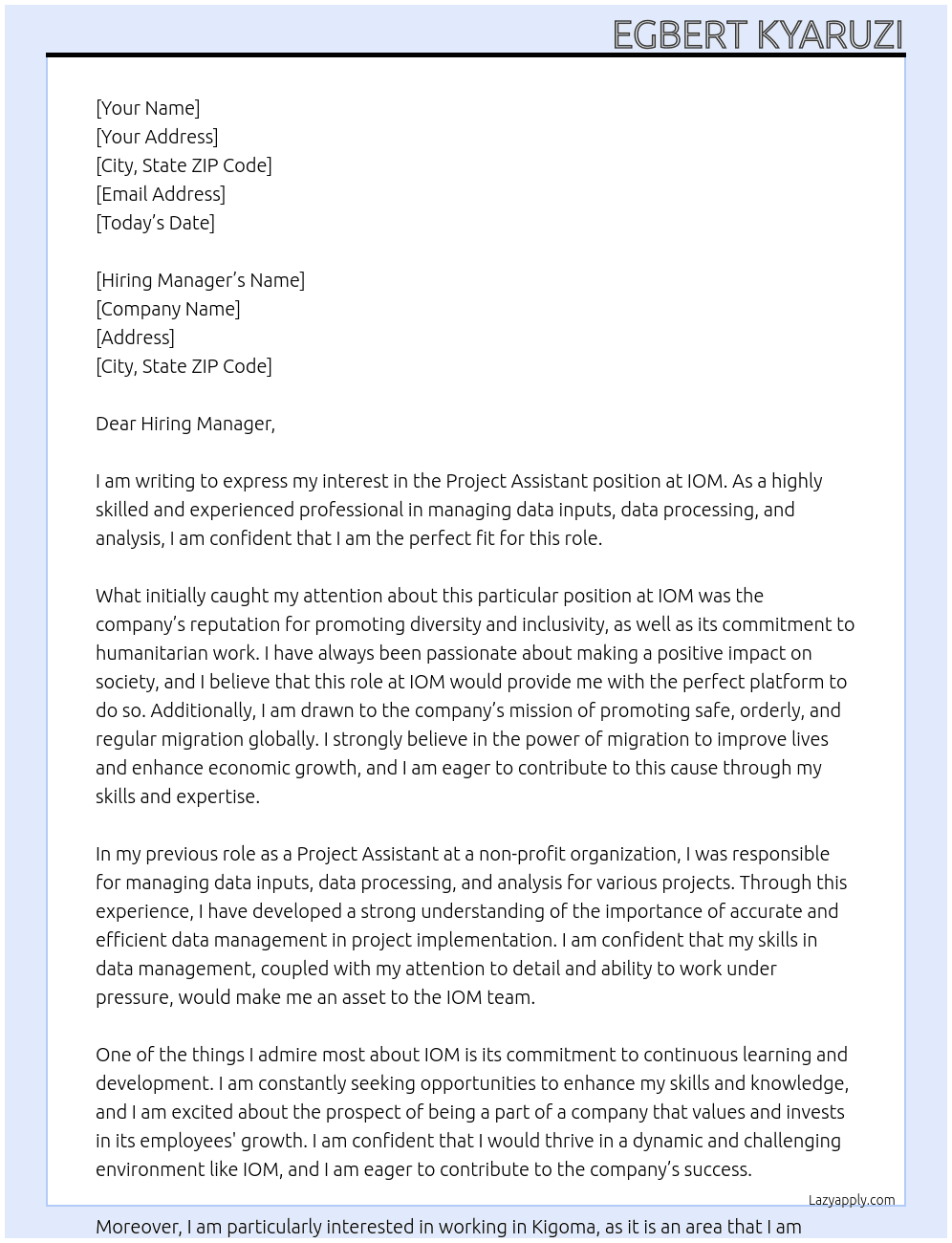 Project Assistant At IOM Cover Letter