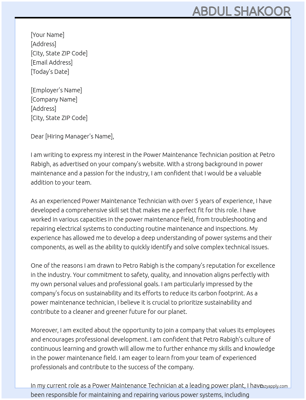 Power Maintenance Technician  At Petro Rabigh Cover Letter