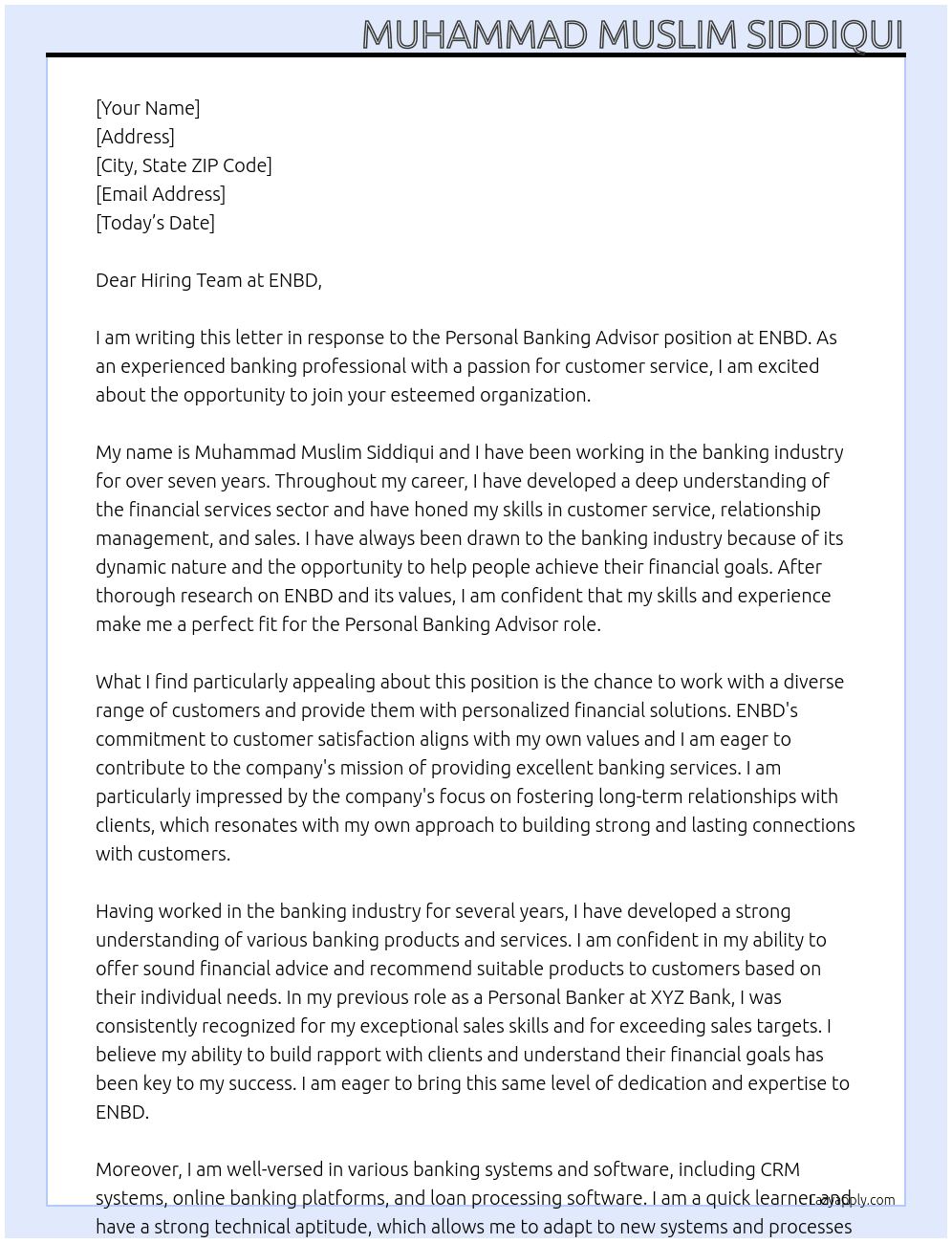 Personal Banking Advisor At ENBD Cover Letter