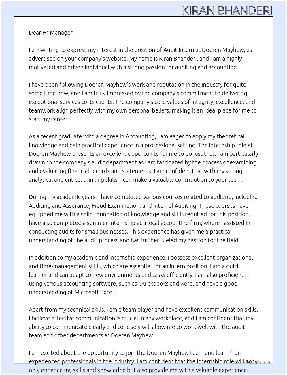 audit intern At Doeren Mayhew Cover Letter