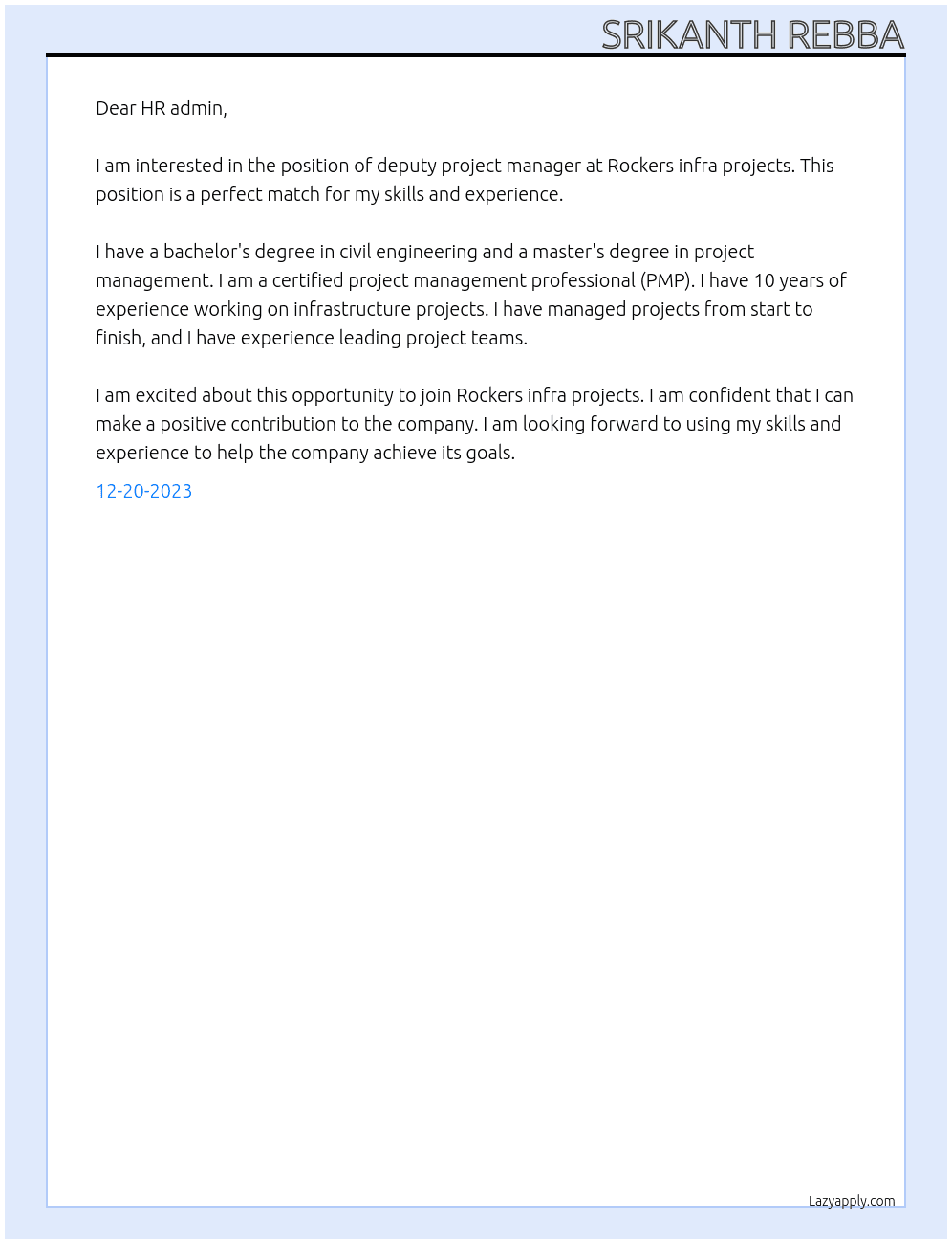 Deputy project manager At Rockers infra projects Cover Letter