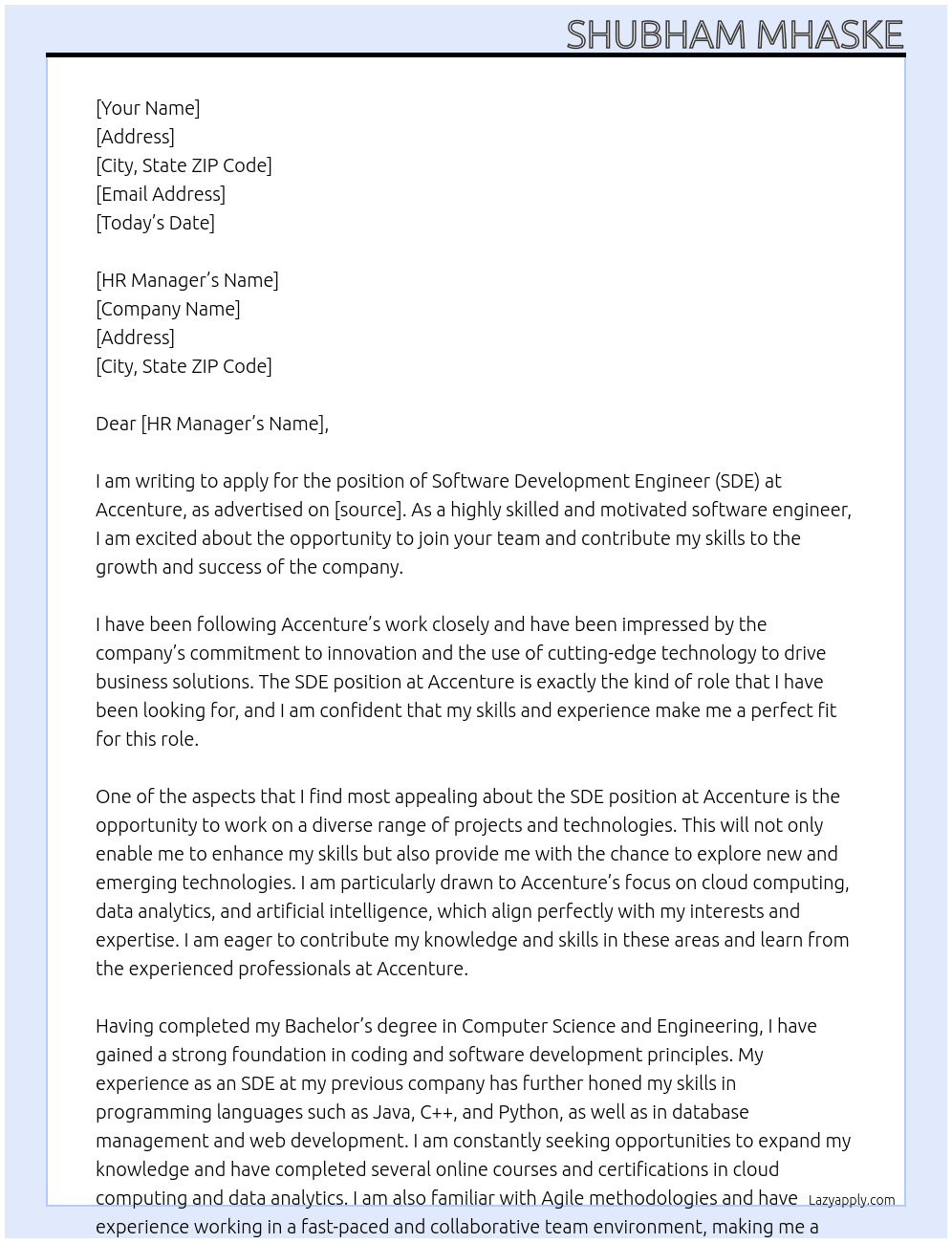 SDE At accenture Cover Letter