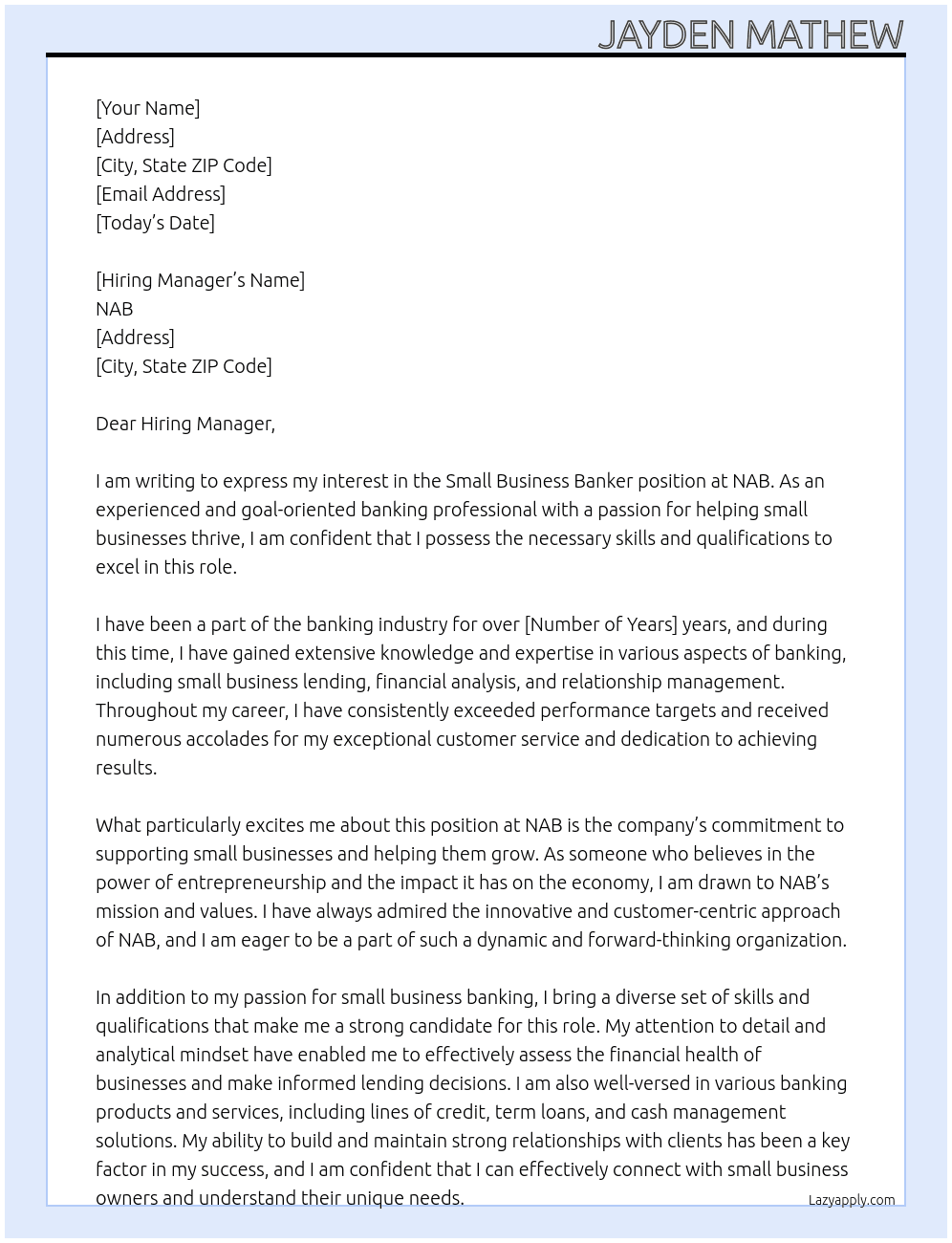 Small business banker At NAB Cover Letter