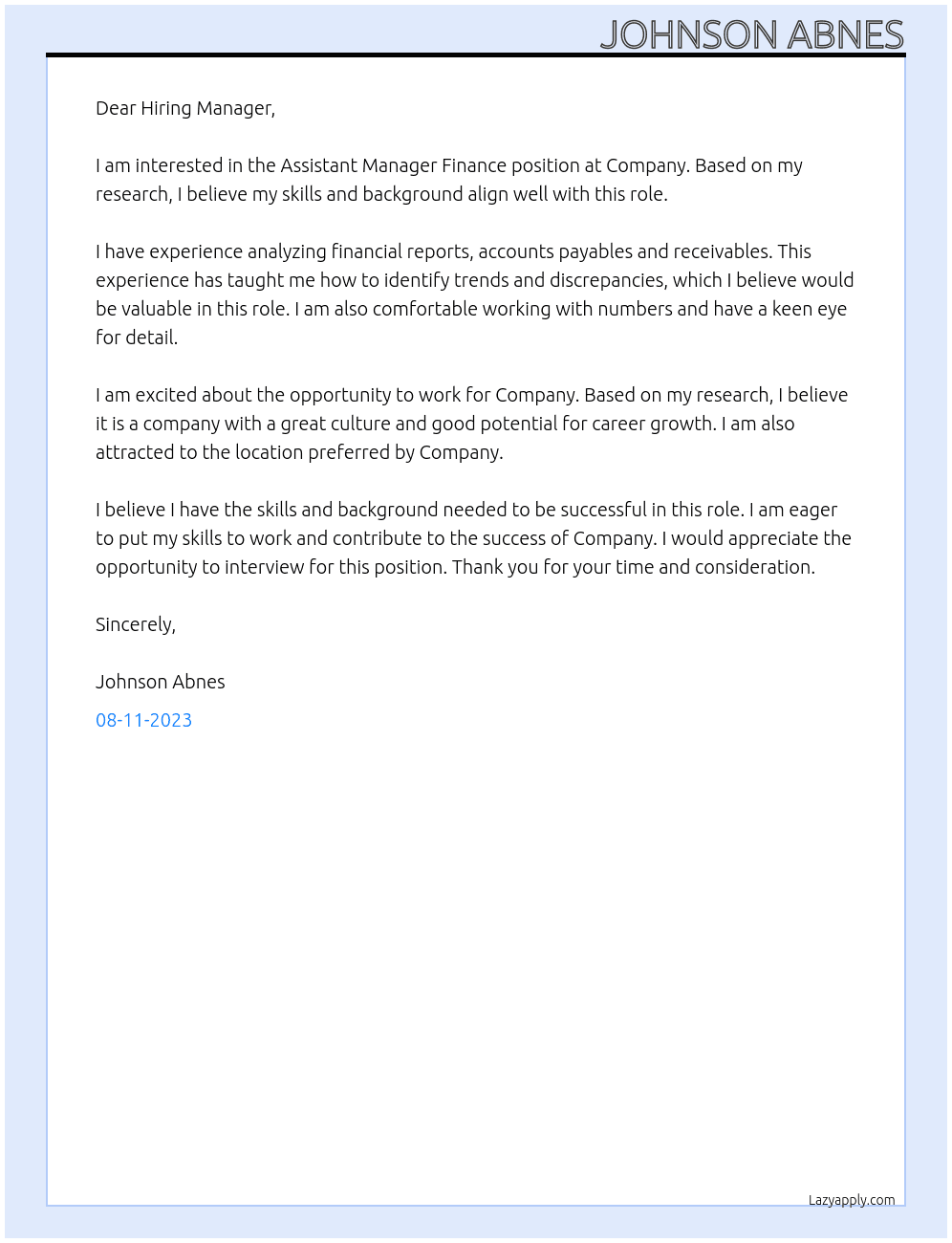 Assistant Manager Finance At Company Cover Letter
