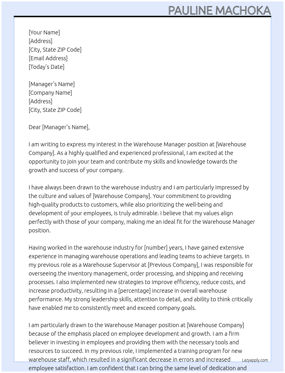 Warehouse At Warehouse company Cover Letter