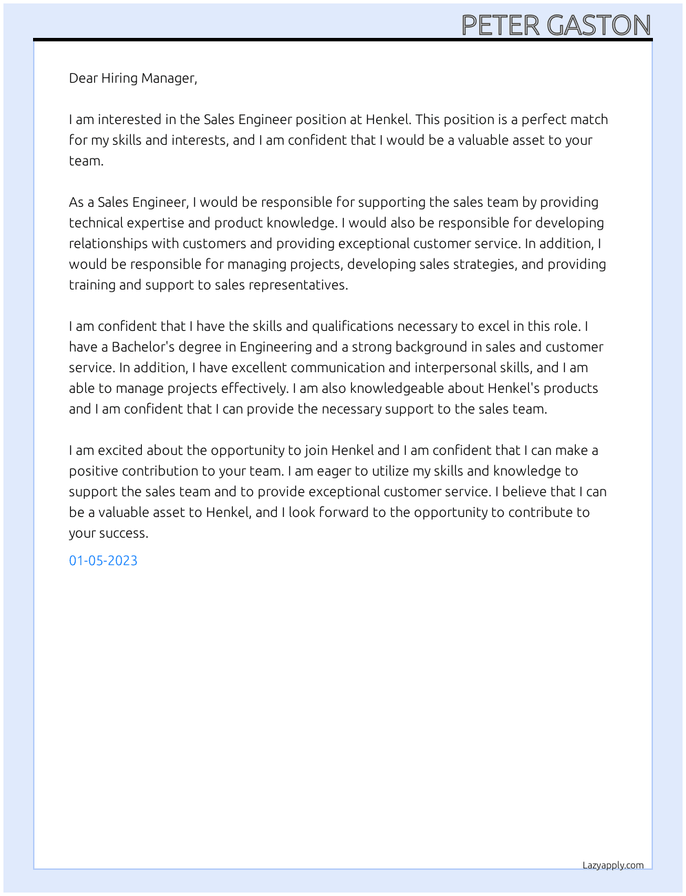 Sales Engineer At Henkel Cover Letter