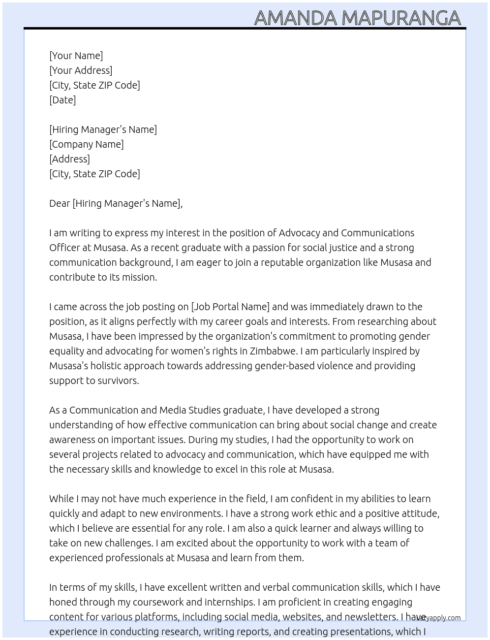 advocacy and communications officer At musasa  Cover Letter