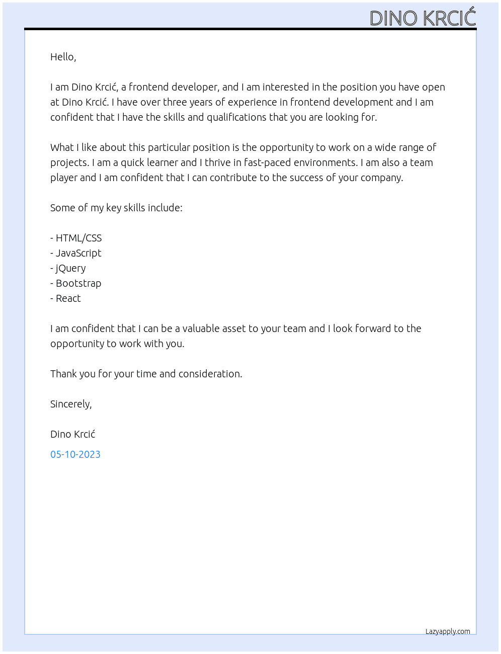 Frontend developer At Dino Krcić Cover Letter