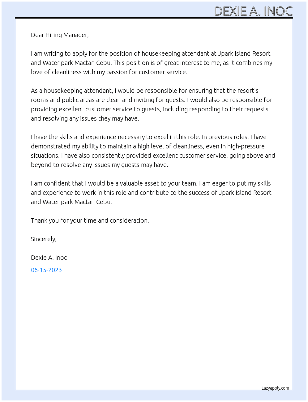 Housekeeping attendant  At Jpark Island Resort and Water park Mactan Cebu  Cover Letter