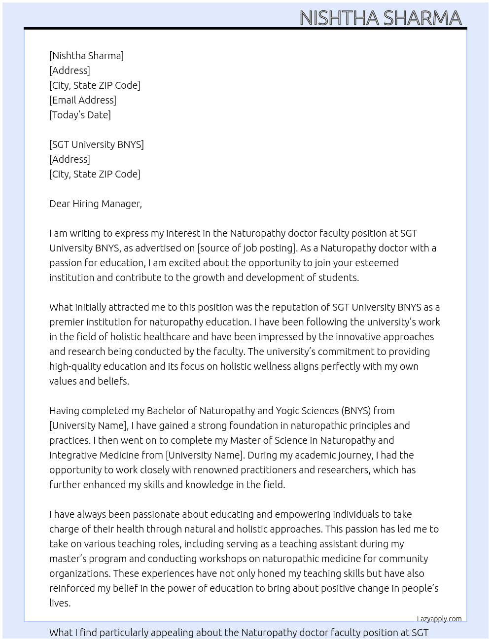 Naturopathy doctor as a faculty  At SGT UNIVERSITY BNYS Cover Letter