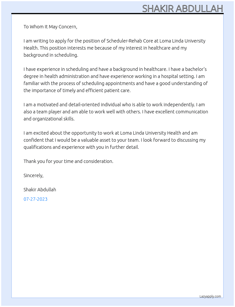Scheduler-Rehab Core At Loma Linda University Health Cover Letter