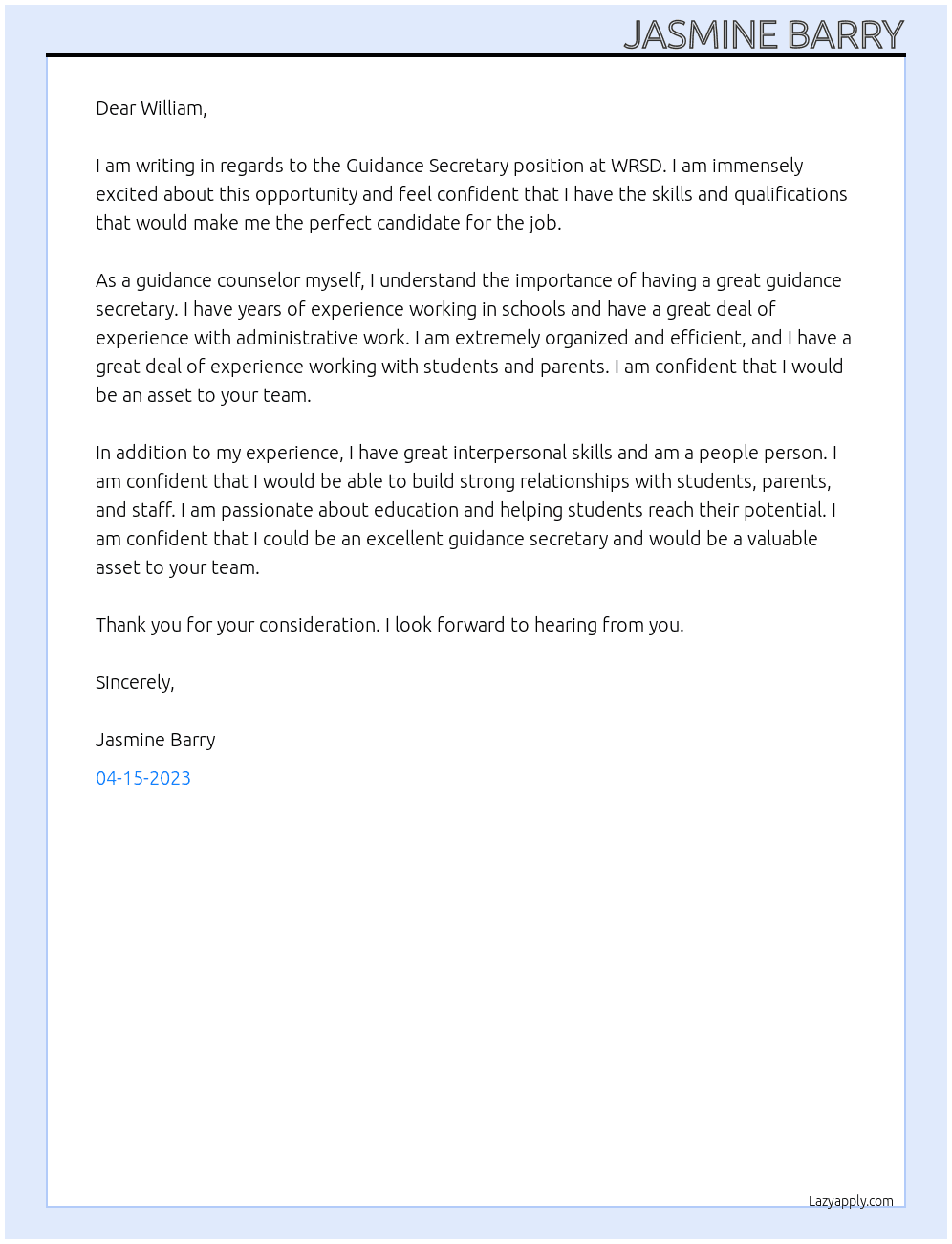 Guidance Secretary At WRSD Cover Letter