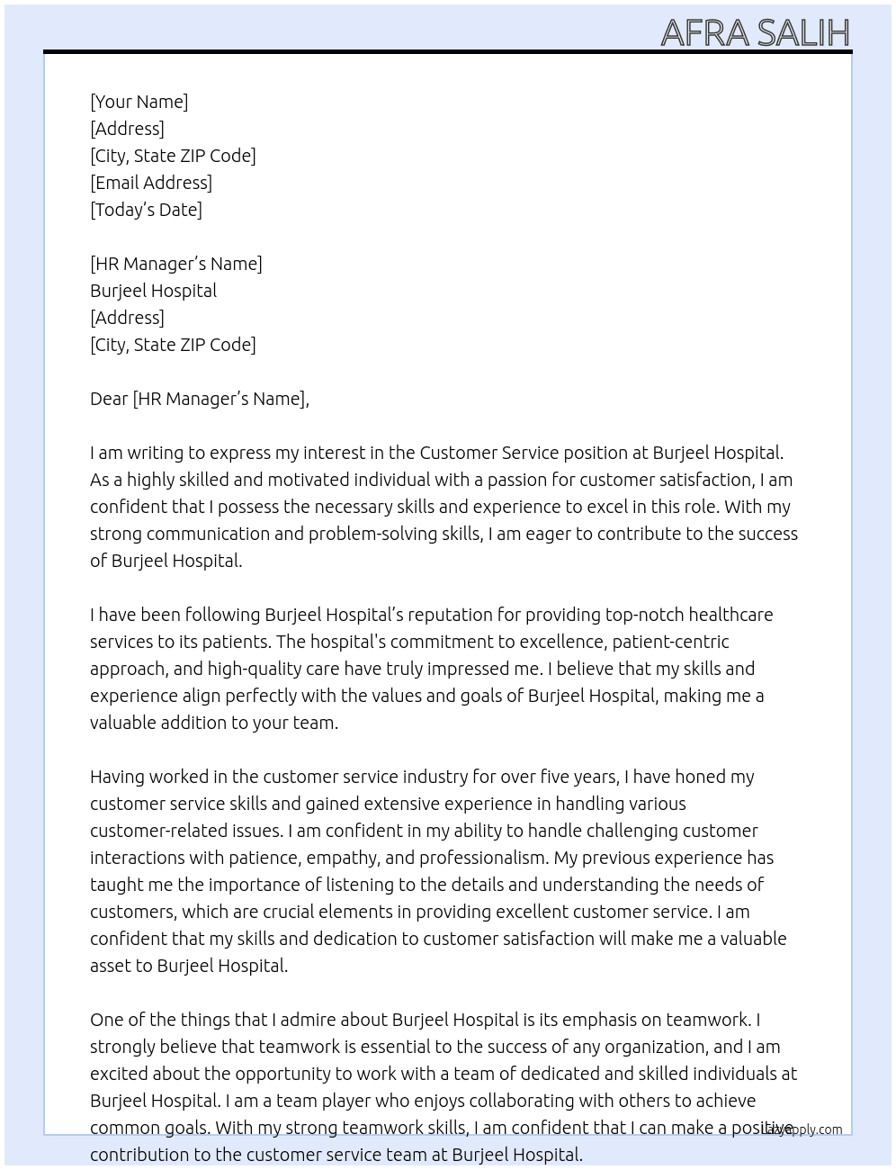 Customer service  At Burjeel Hospital  Cover Letter