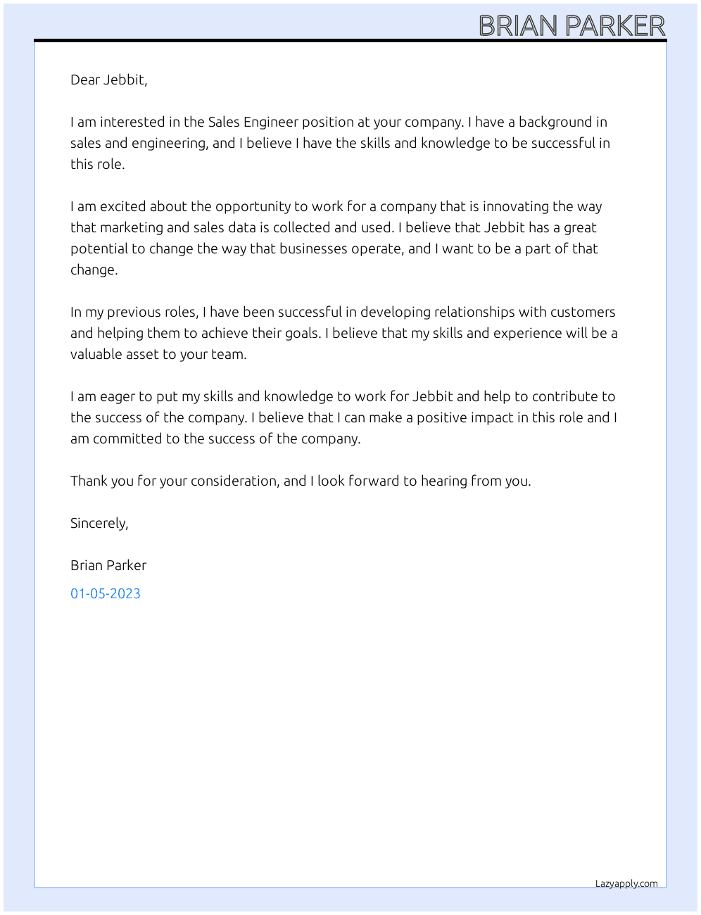 Sales Engineer  At Jebbit Cover Letter