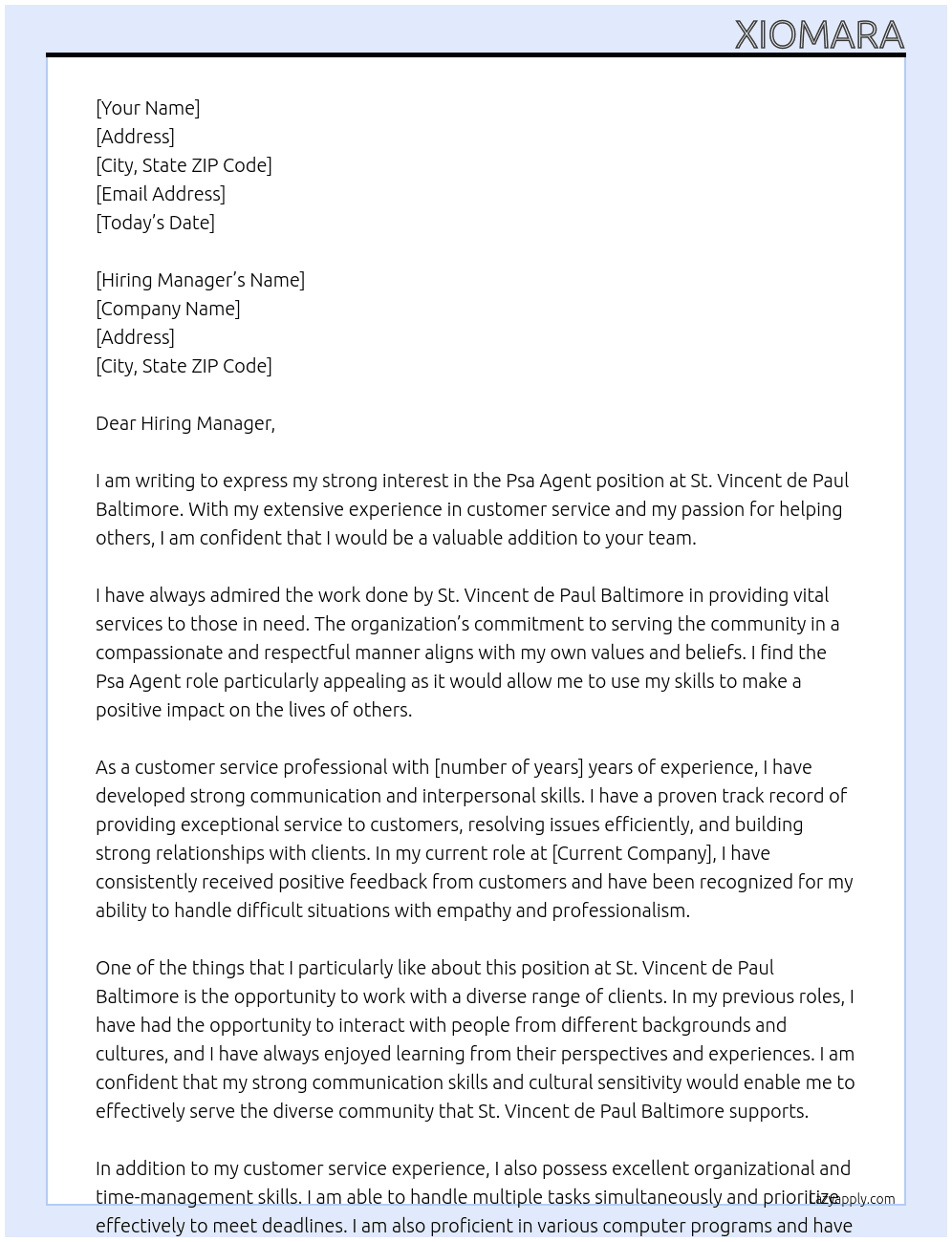 Psa agent  At St. Vincent de Paul Baltimore  Cover Letter