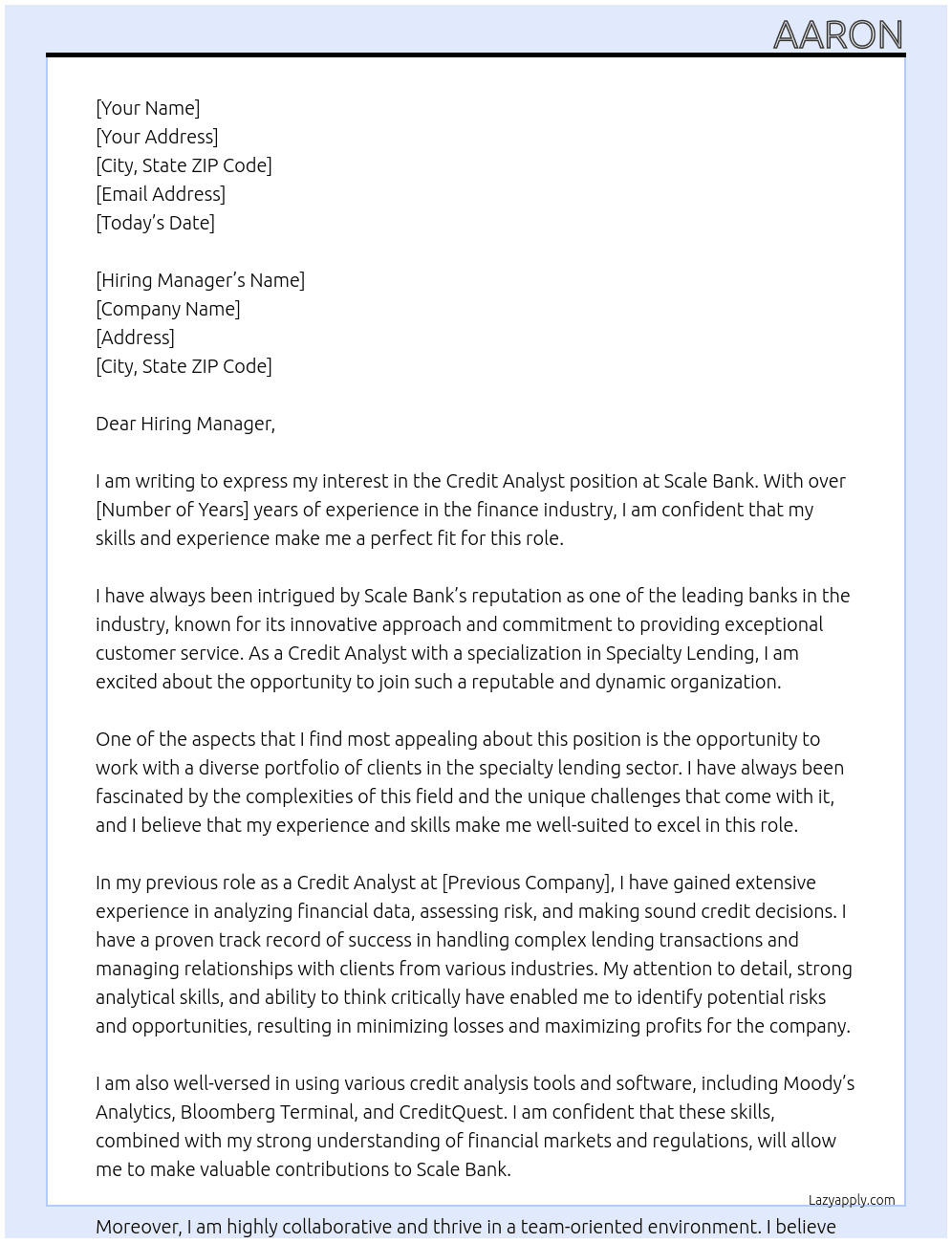 Credit Analyst - Specialty Lending At Scale Bank Cover Letter