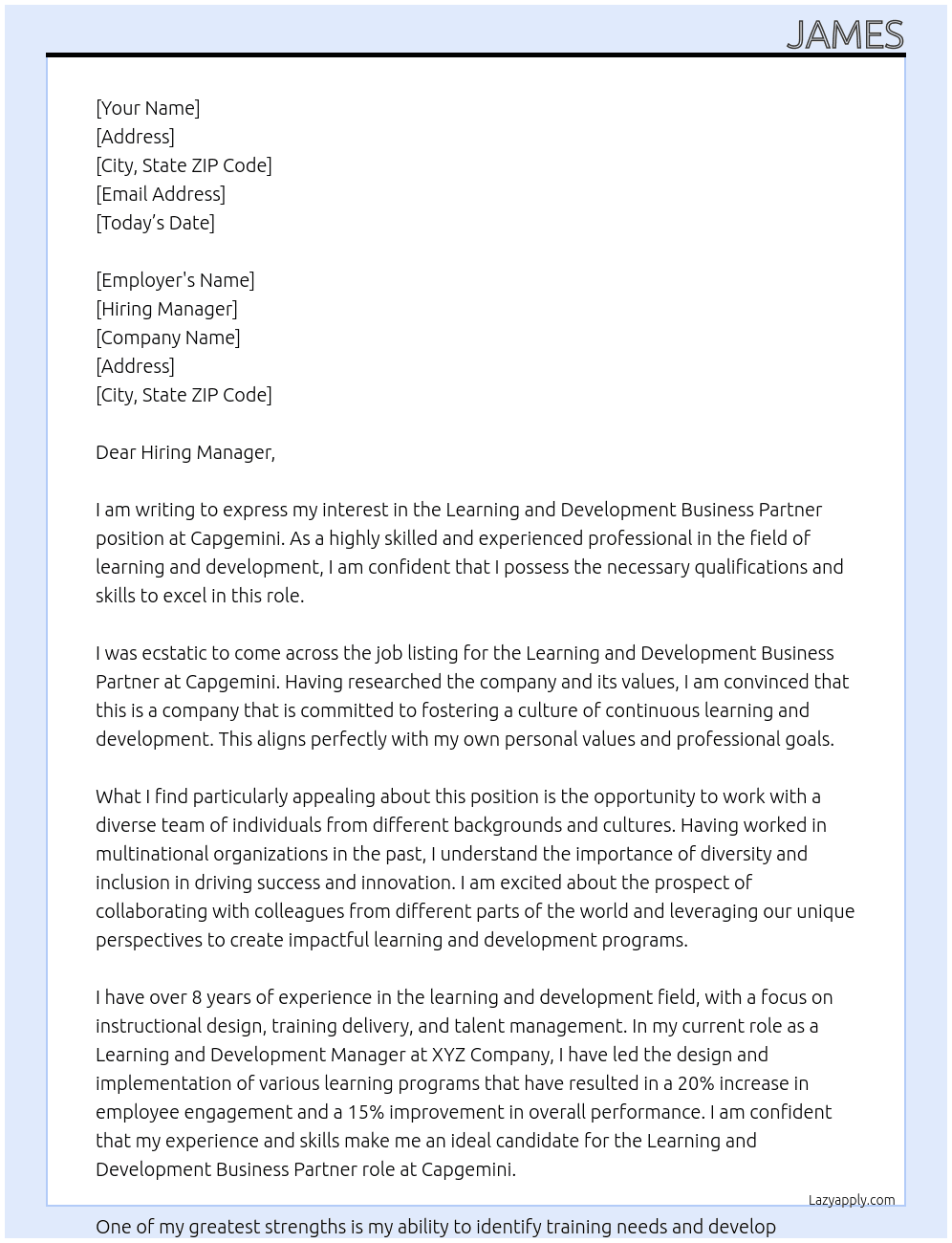 Learning and Development Business Partner At Capgemini Cover Letter