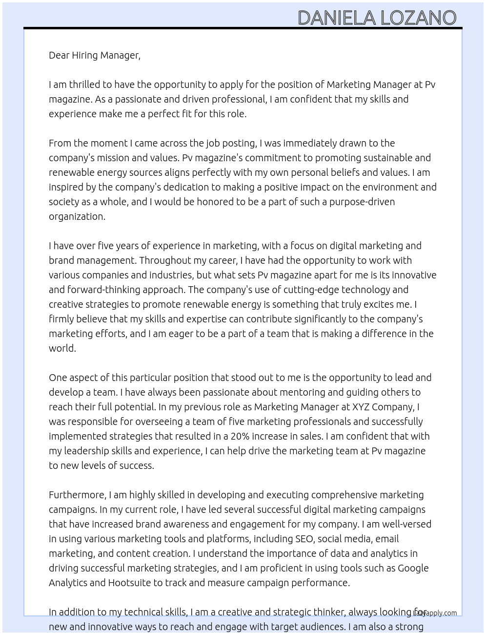 Marketing manager At Pv magazine Cover Letter