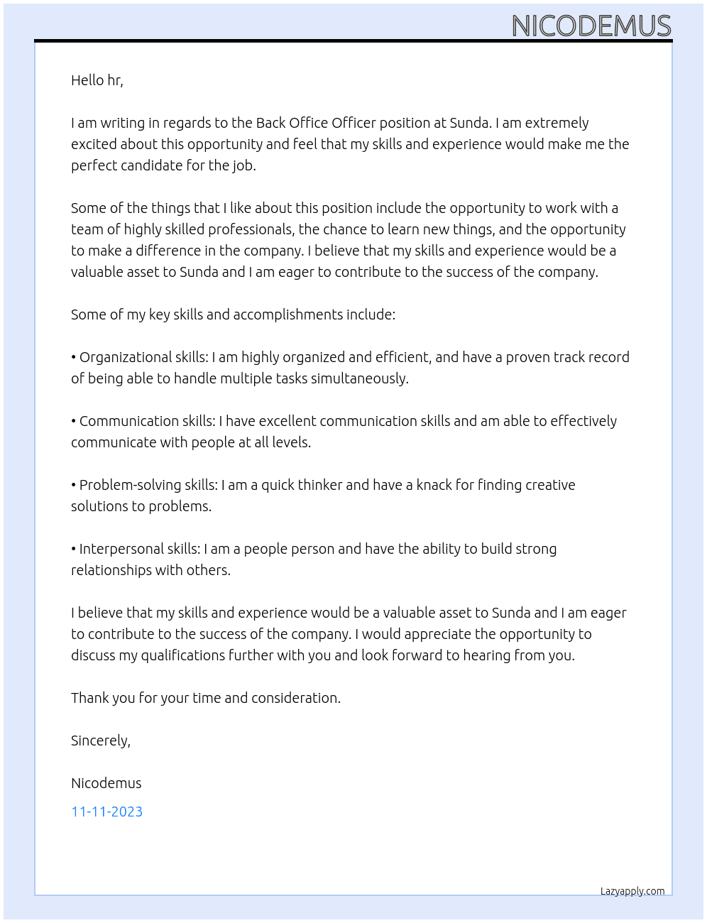 back office officer At sunda Cover Letter