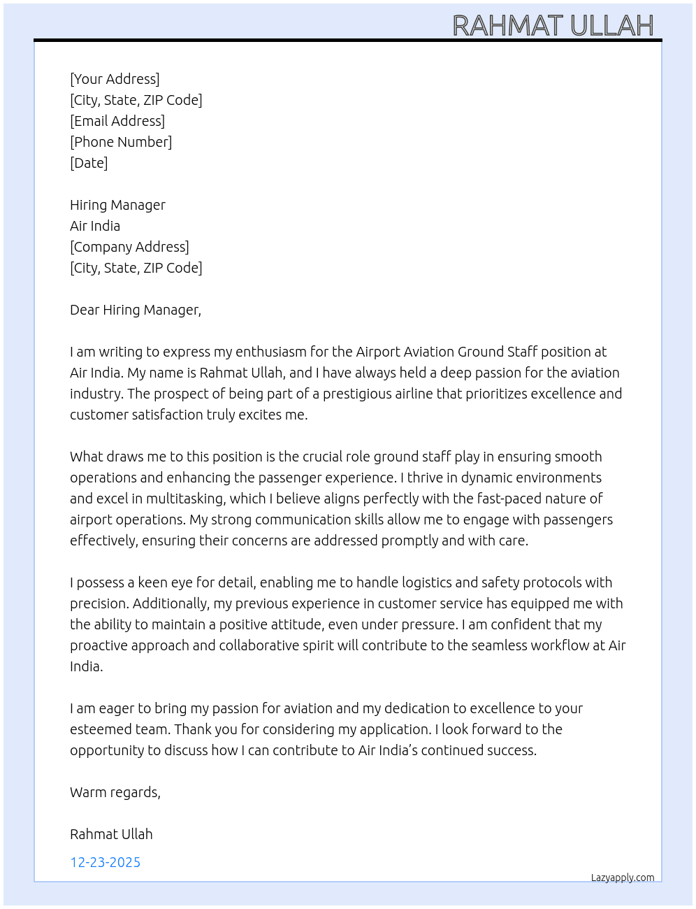 Airport aviation ground staff  At Air India  Cover Letter