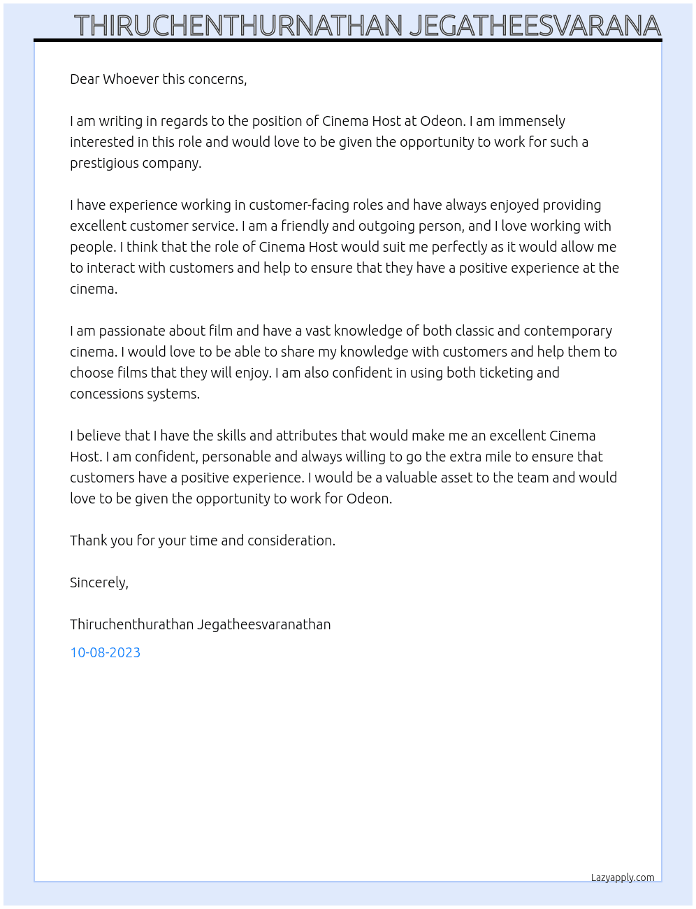 Cinema Host At Odeon Cover Letter