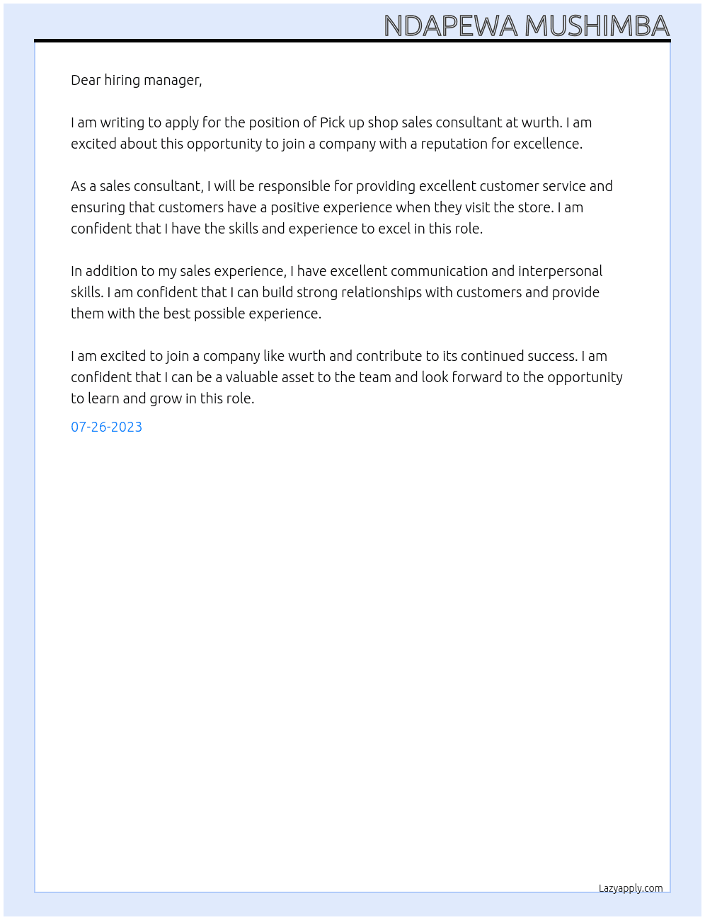 Pick up shop sales consultants At wurth Cover Letter