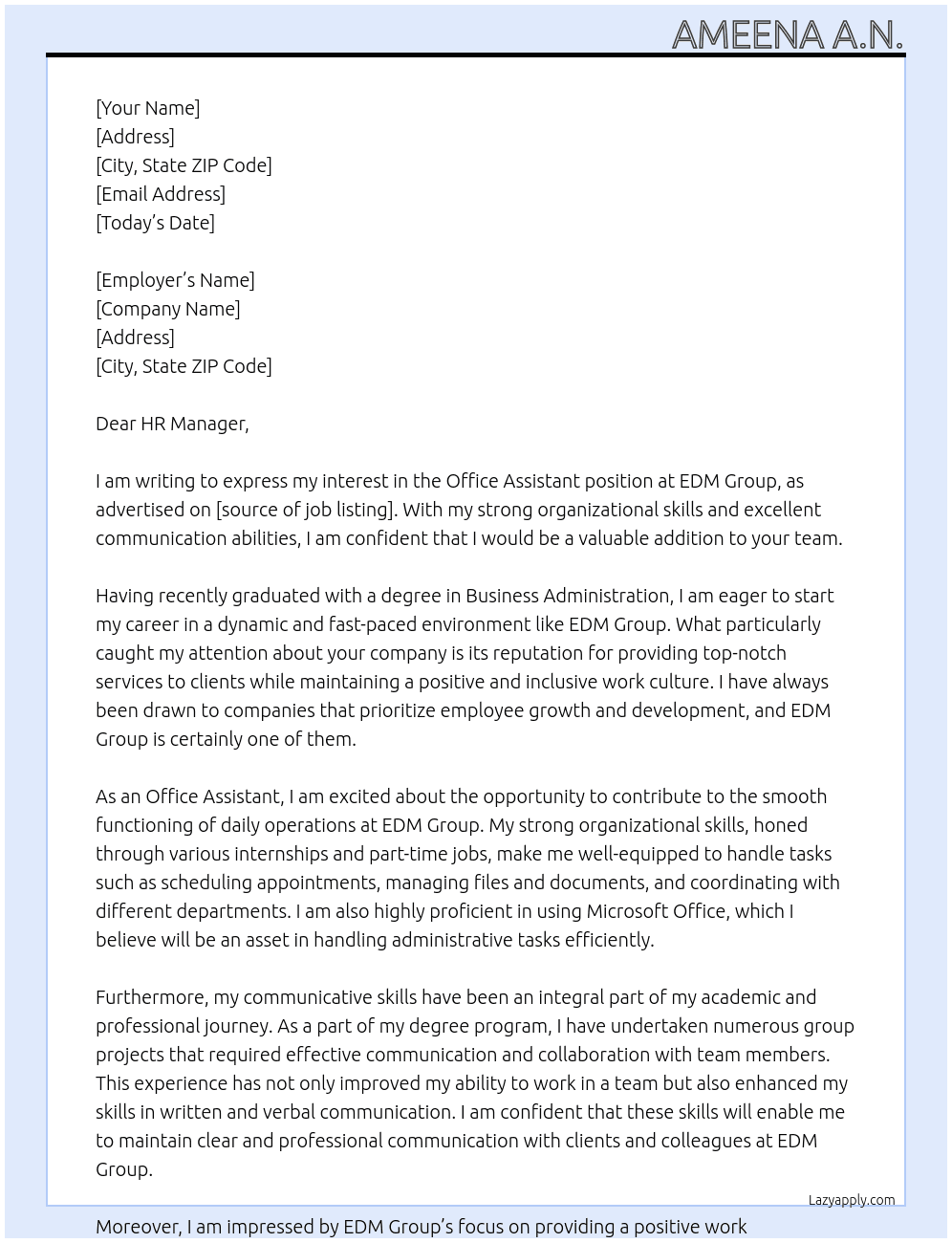Office assistant  At EDM Group Cover Letter