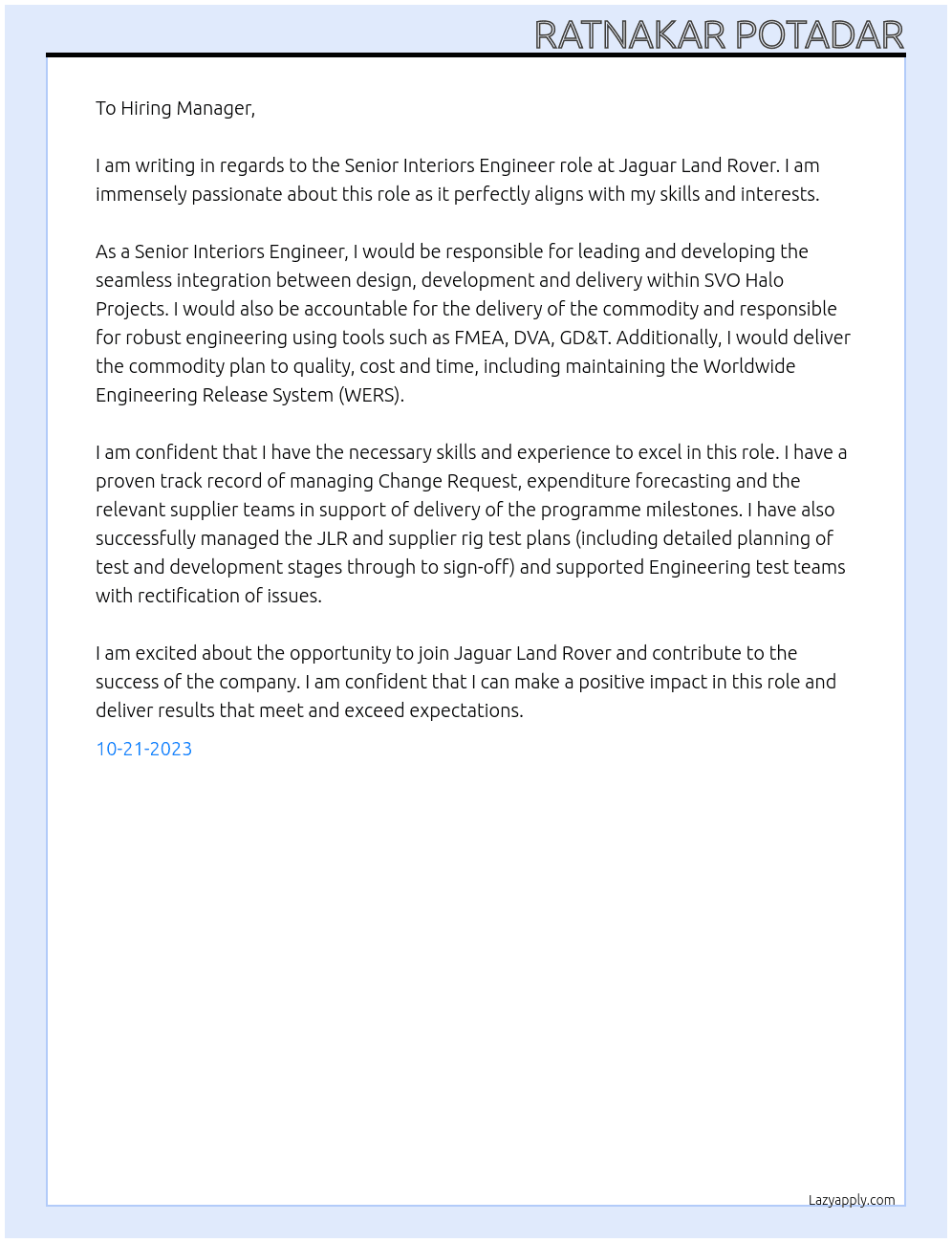 Senior Interiors Engineer At Jaguar Land Rover Cover Letter