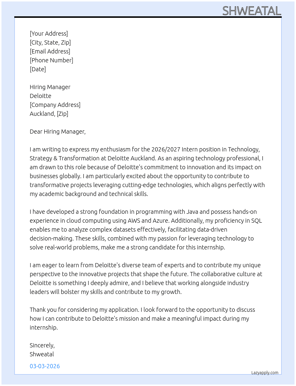 Cover letter for 2026/2027 intern | technology, strategy & transformation | auckland - LazyApply