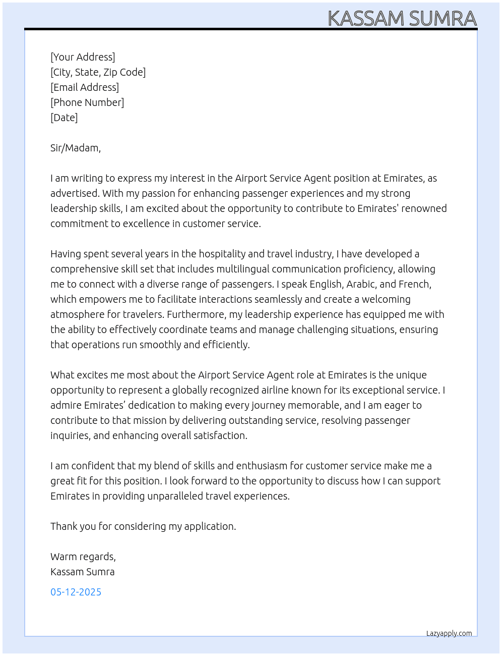 Airport service agent At Emirates Cover Letter