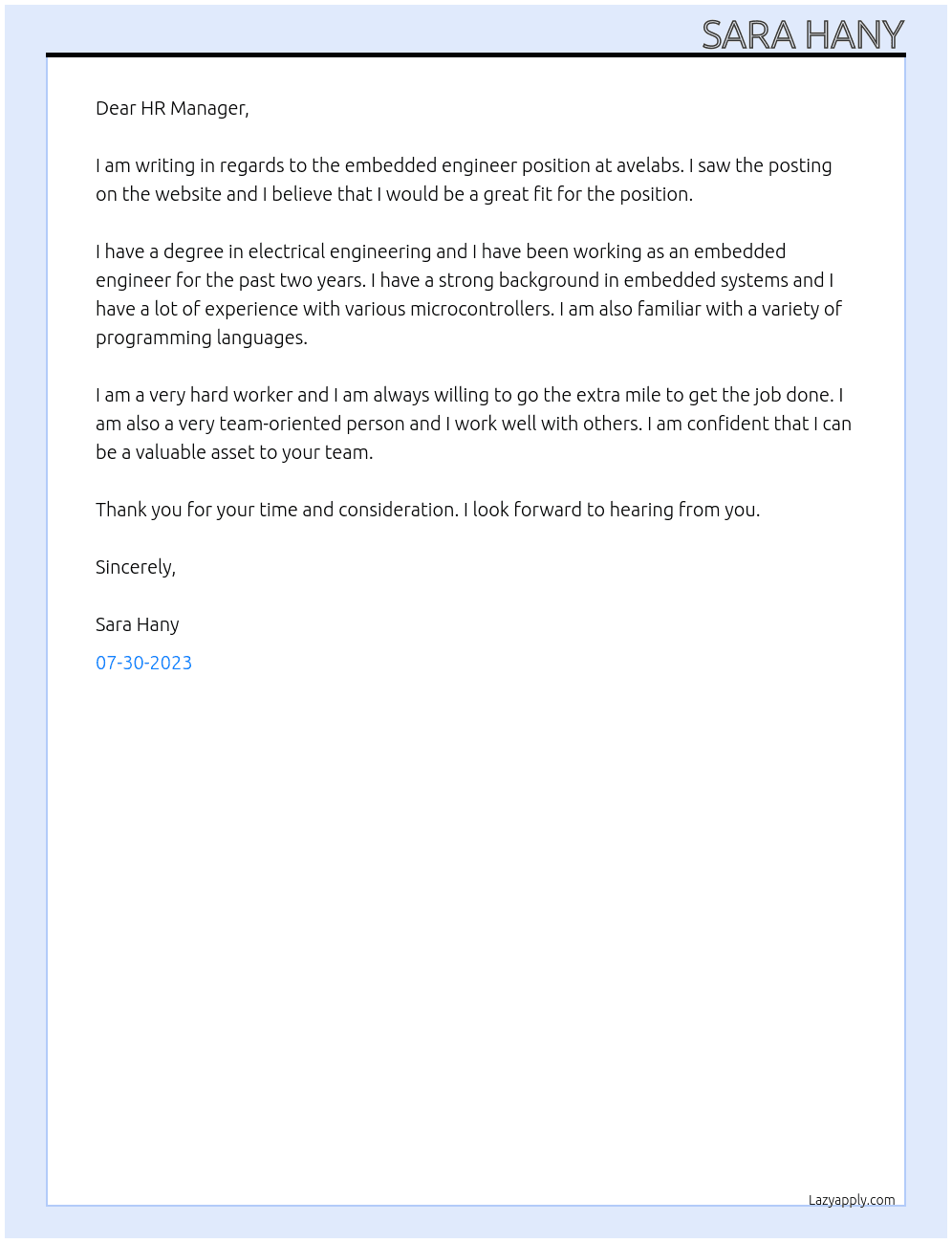 embedded engineer At avelabs Cover Letter