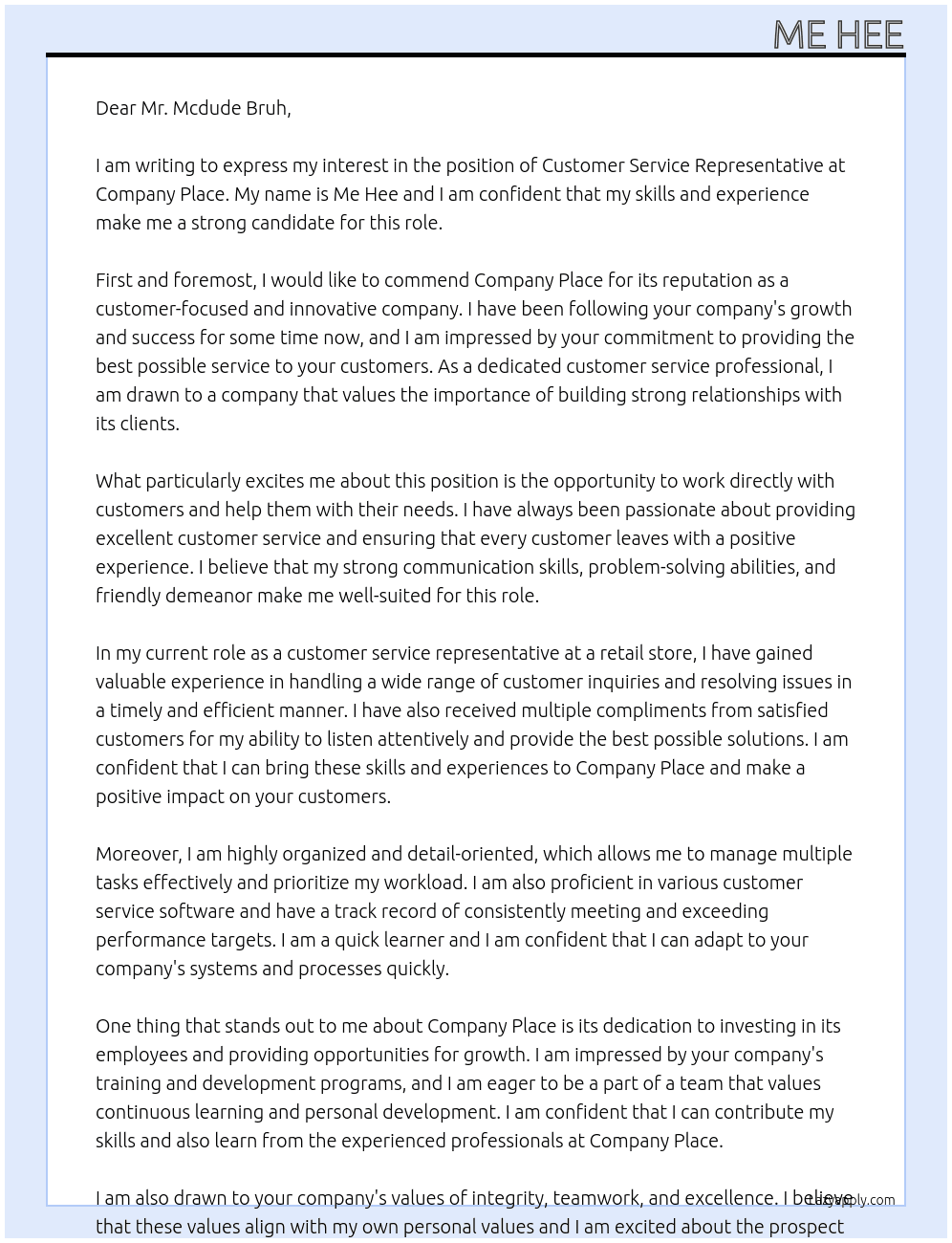 Customer Service Representative At Company Place Cover Letter