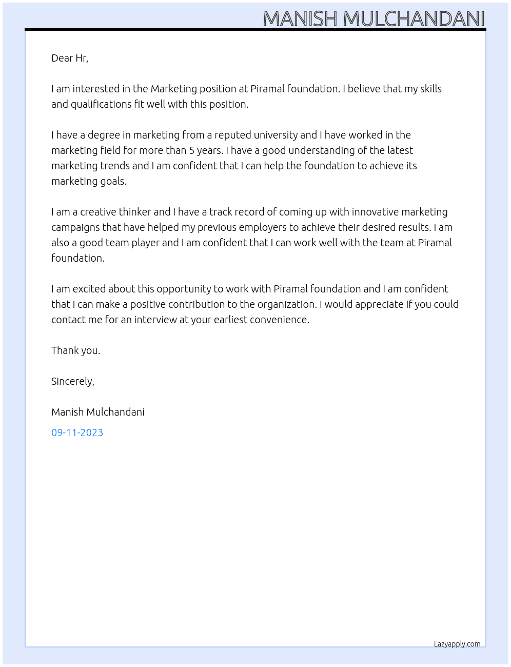 Marketing At Piramal foundation Cover Letter