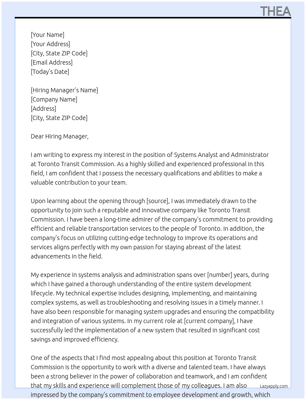 Systems Analyst and Administrator At Toronto Transit Commission Cover Letter