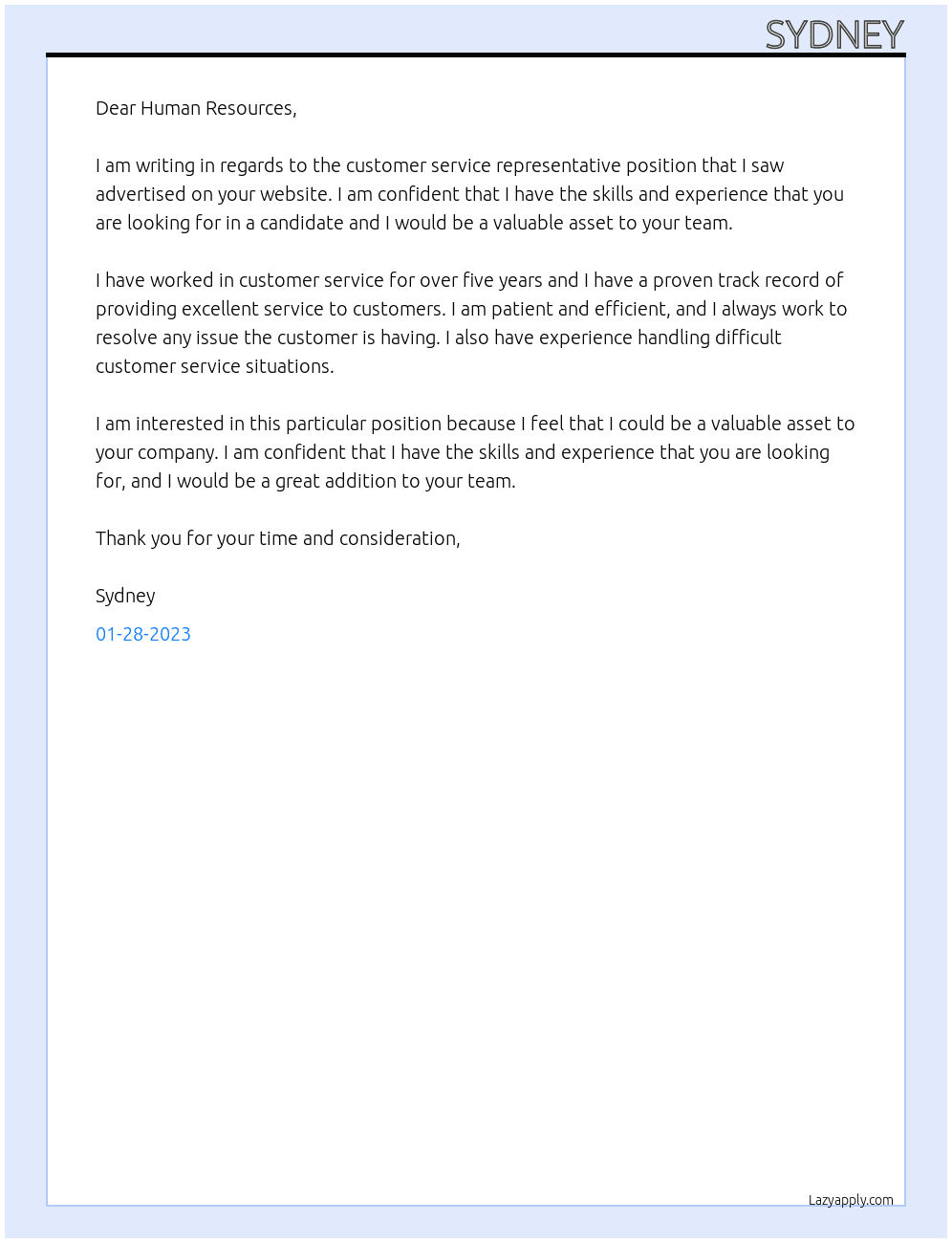 customer service representative At customer service role Cover Letter