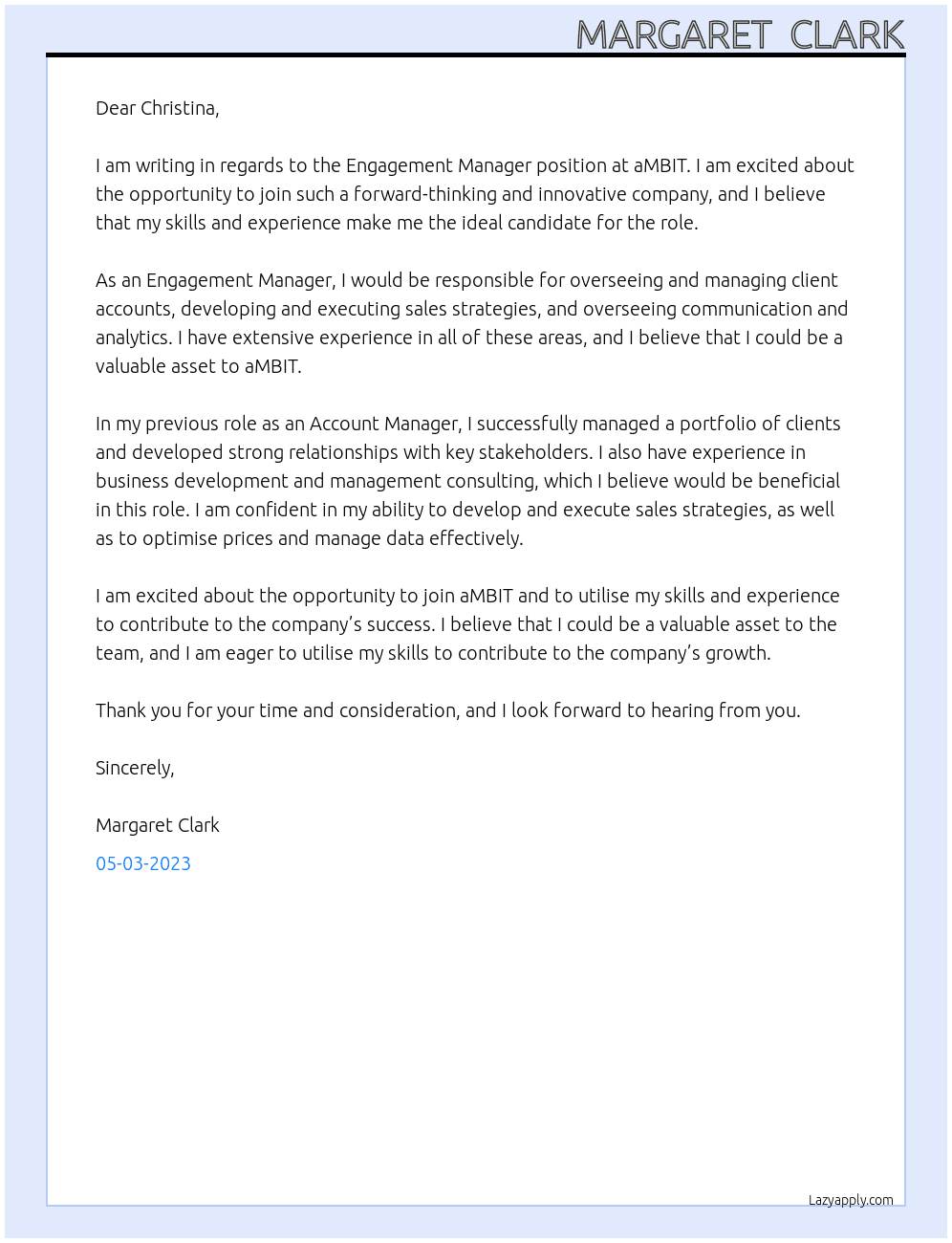 Strategy: Engagement Manager At aMBIT Cover Letter