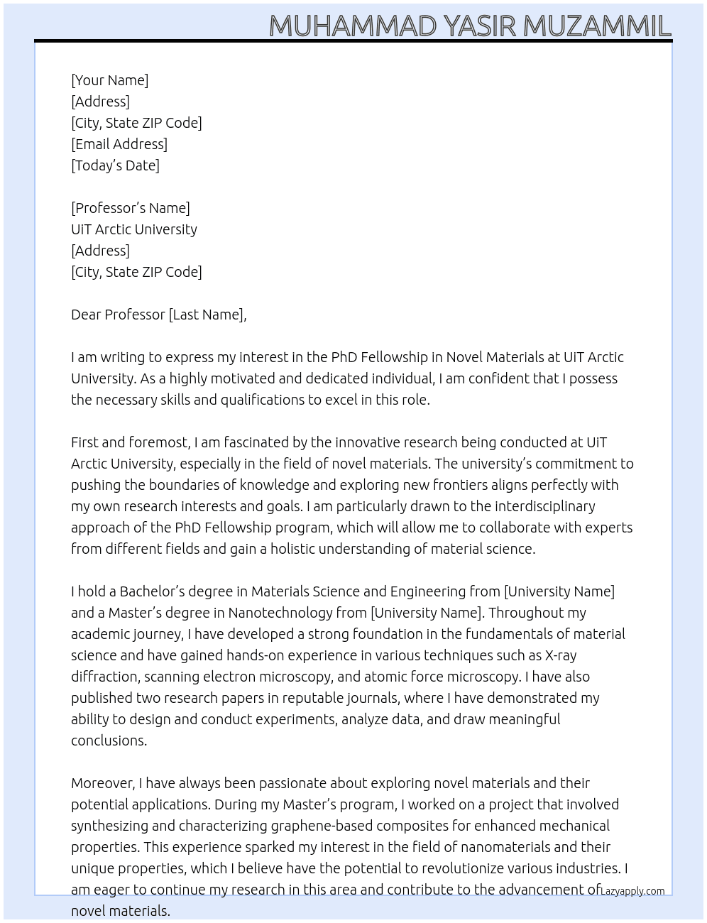PhD Fellowship in Novel Materials At UiT Arctic University Cover Letter