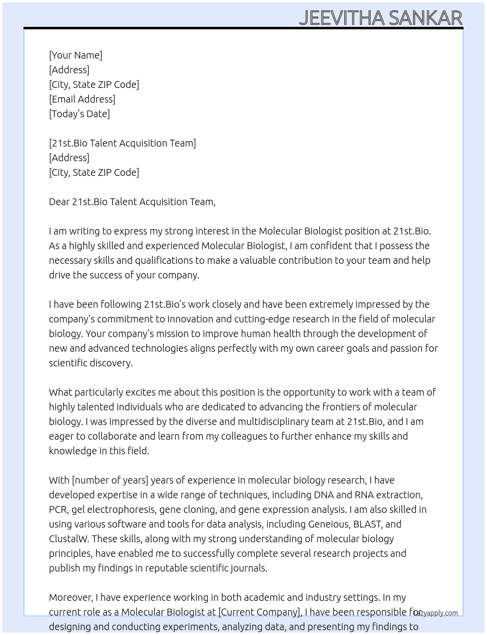 Molecular Biologist At 21st.Bio Cover Letter